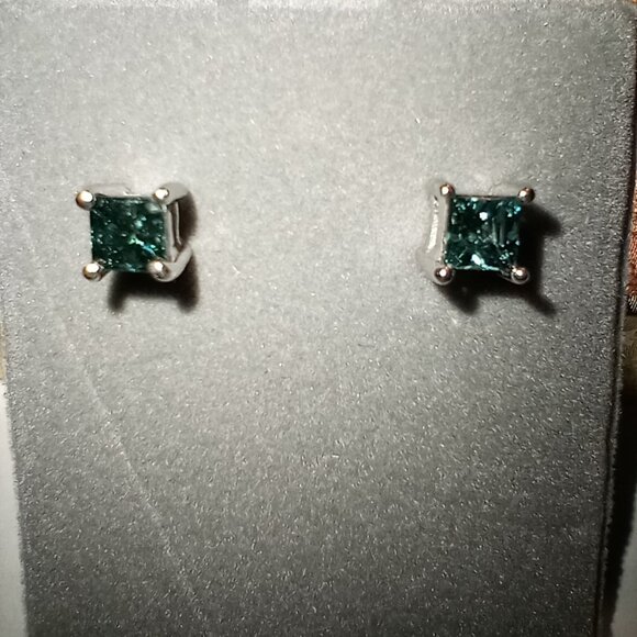 REDUCED! 14kt White Gold Princess-Cut Teal-Blue Diamond Stud Earrings - Picture 2 of 4